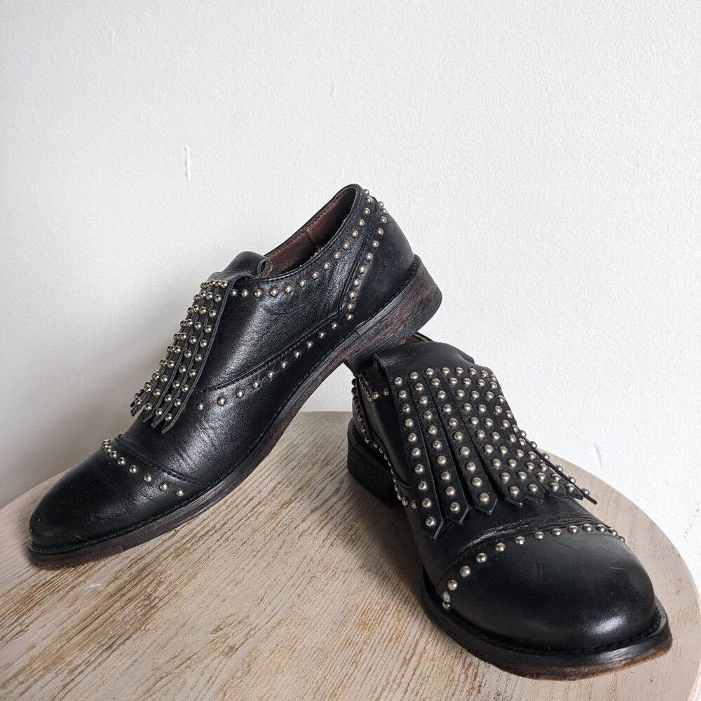 Boemos Black Studded Italian Leather Oxford Shoes Size 6 Fringe Detail